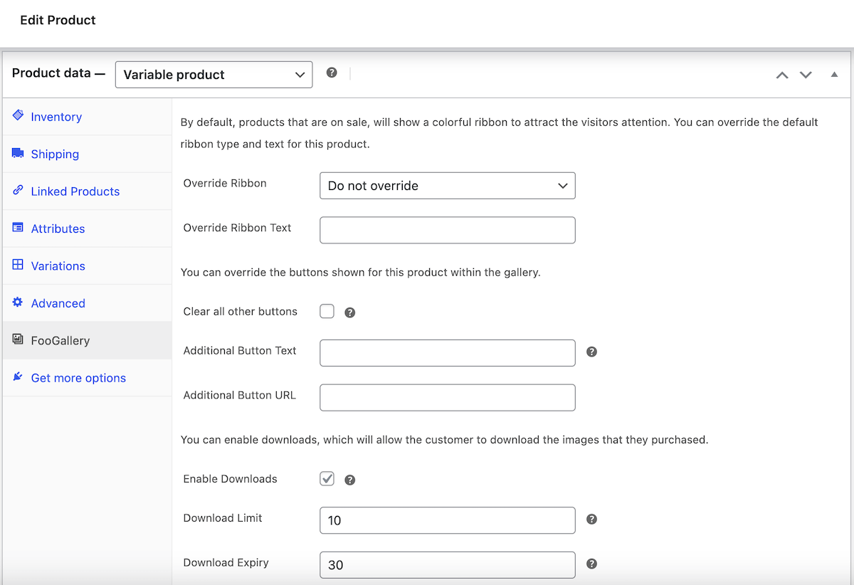 Enable downloads for master product in FooGallery tab