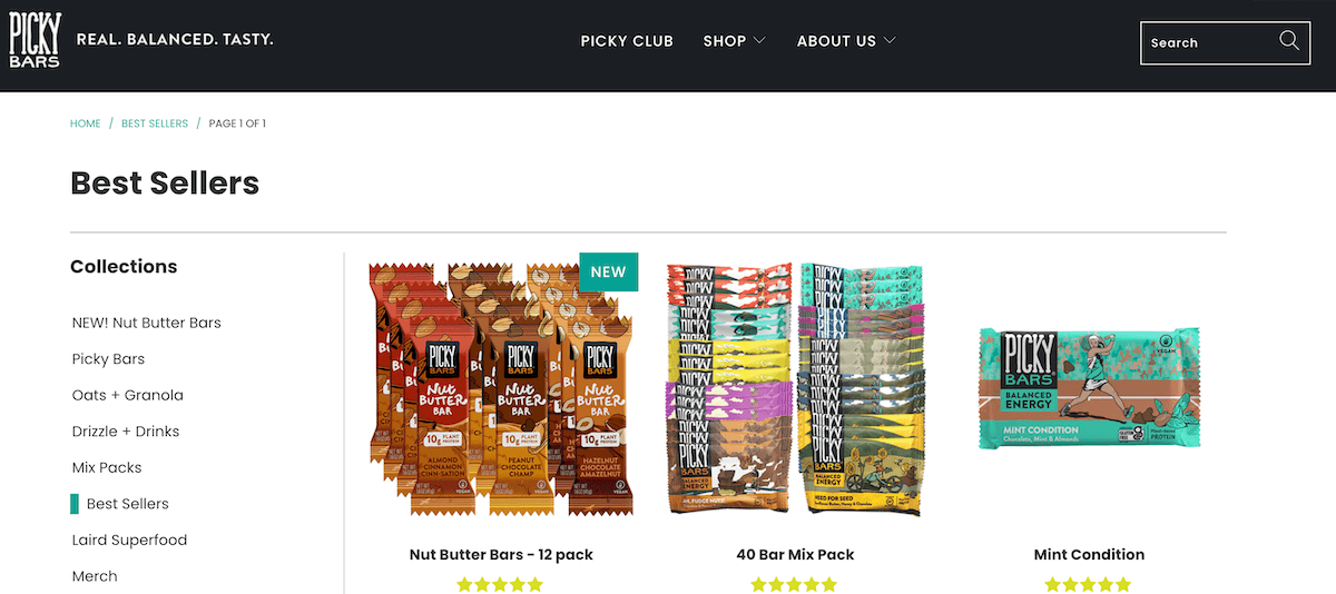 New badge on the Picky Bars product page