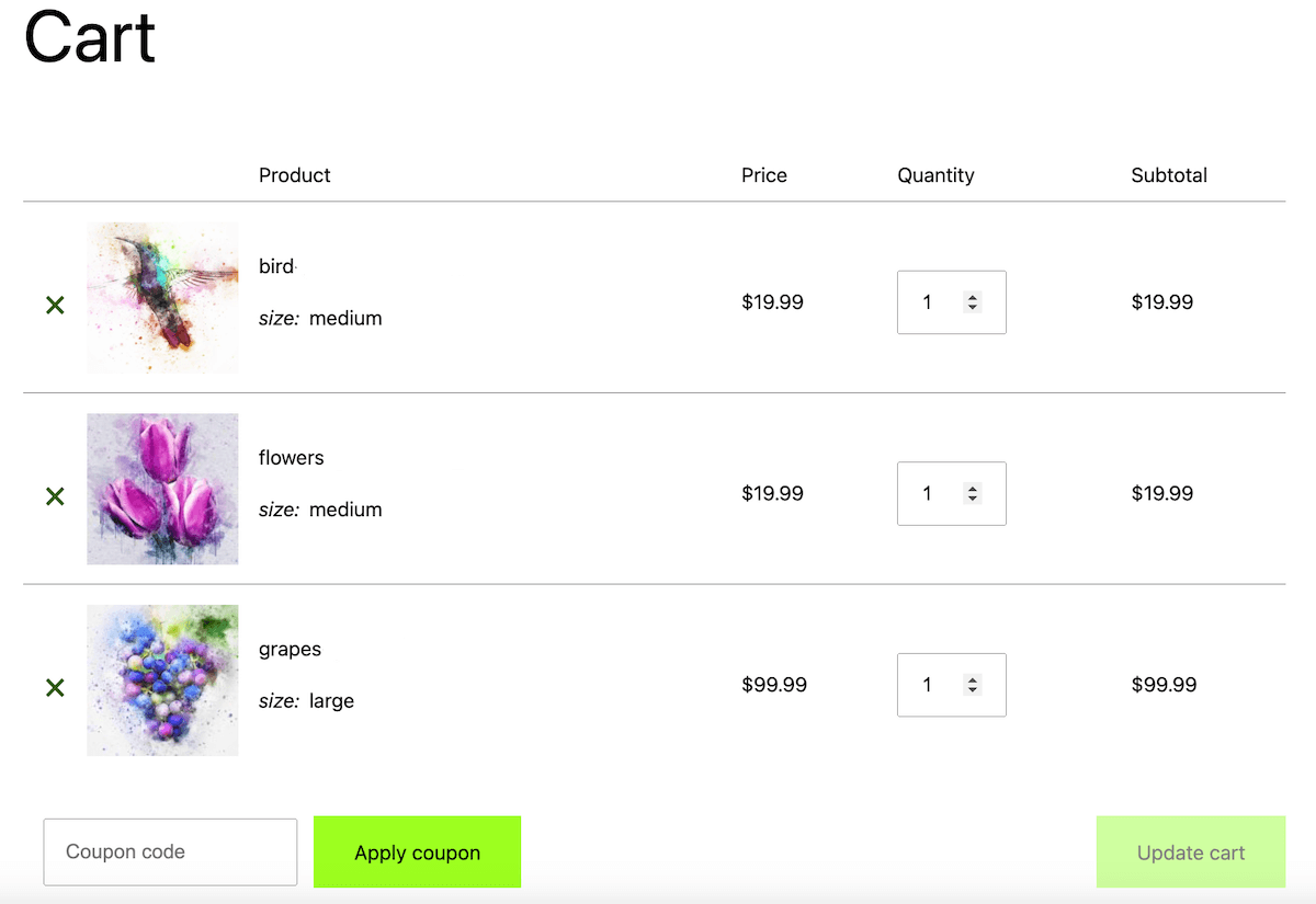 Shopping cart with images in different size variations