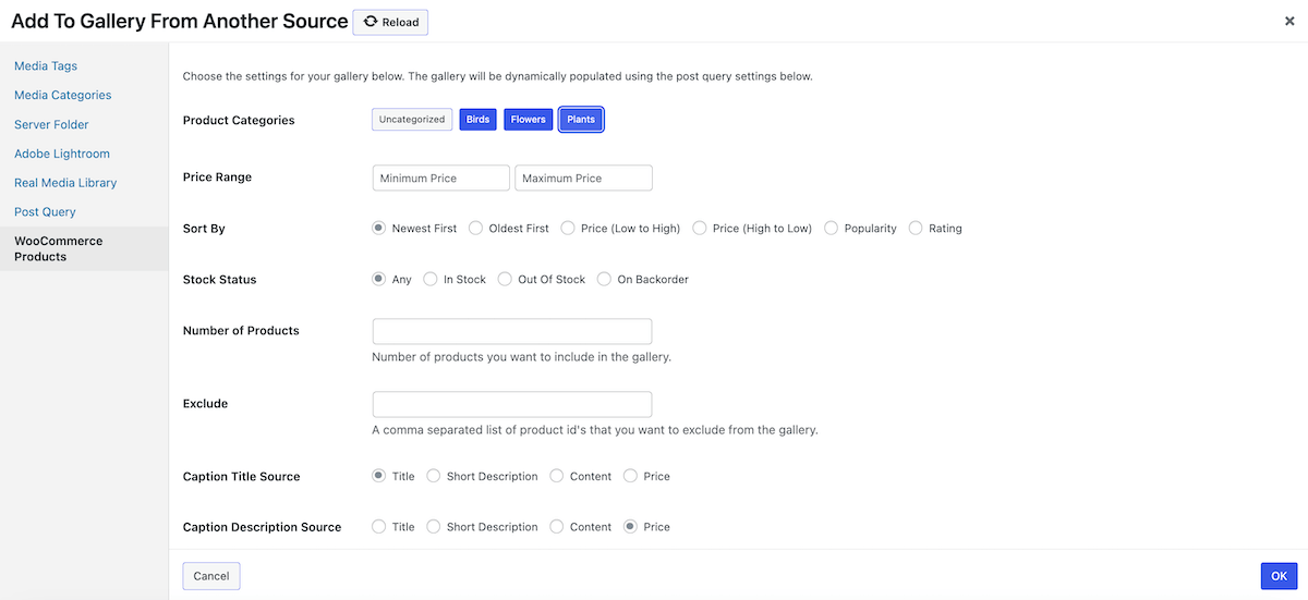 product gallery datasource options for WooCommerce