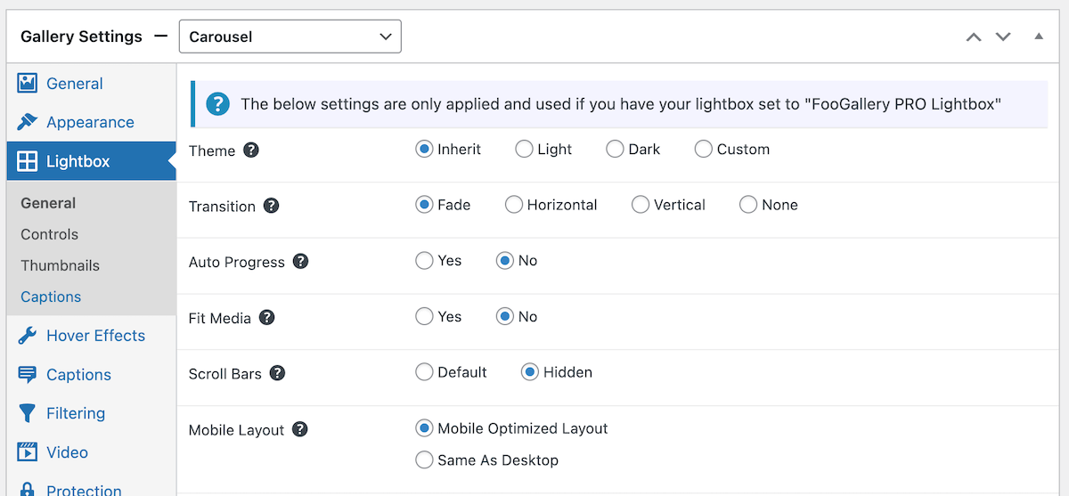 Carousel lightbox settings