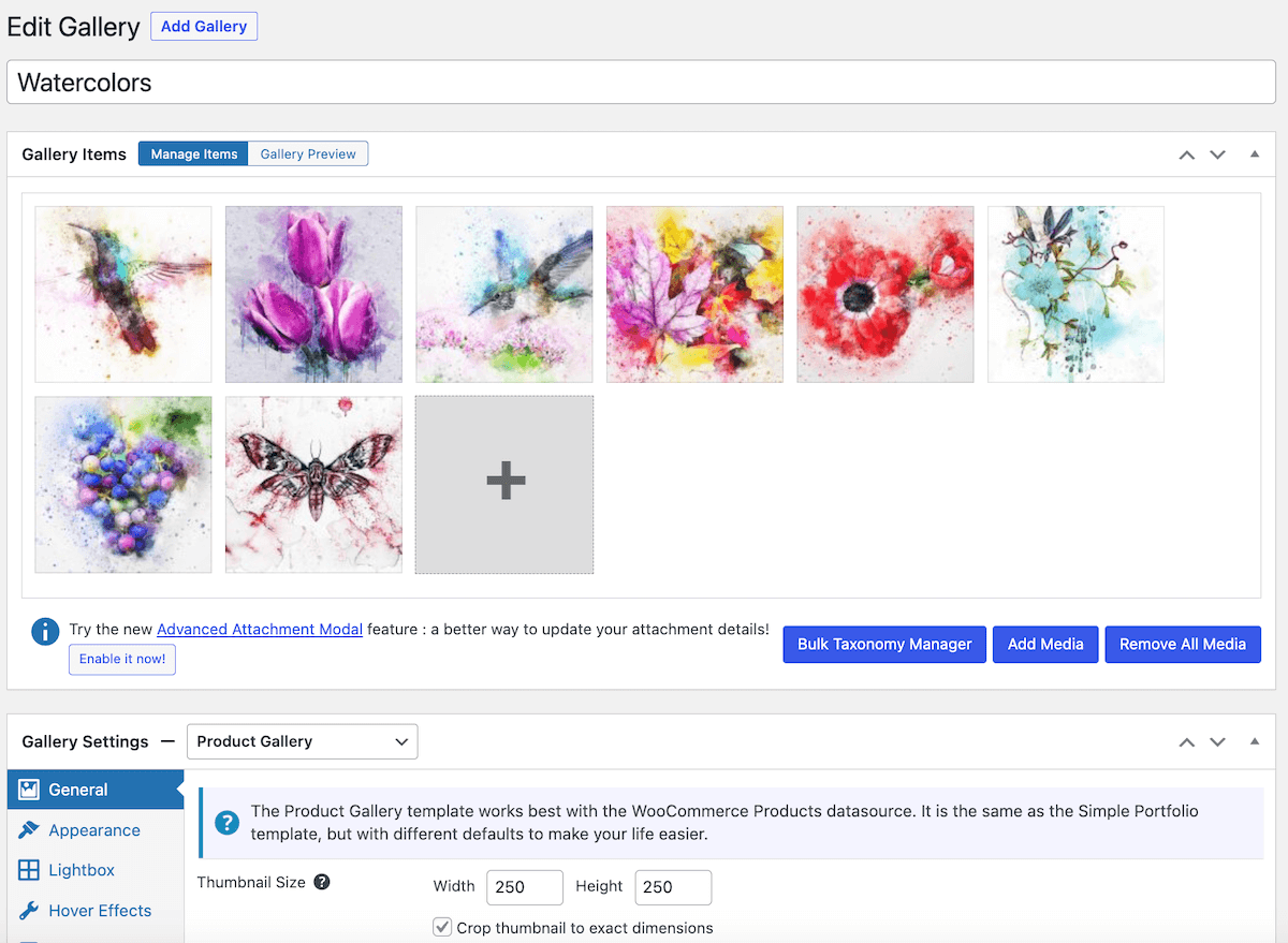 Add media and select Product Gallery layout