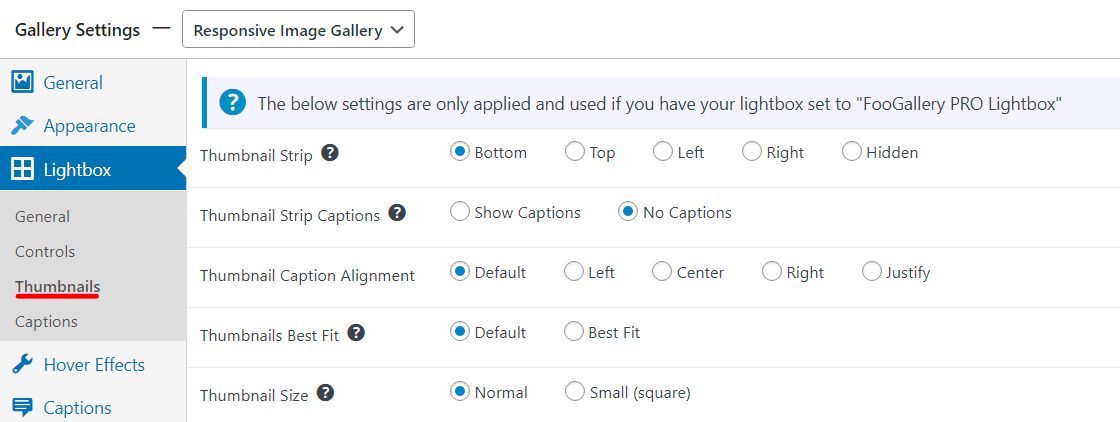 Thumbnail settings for FooGallery lightbox