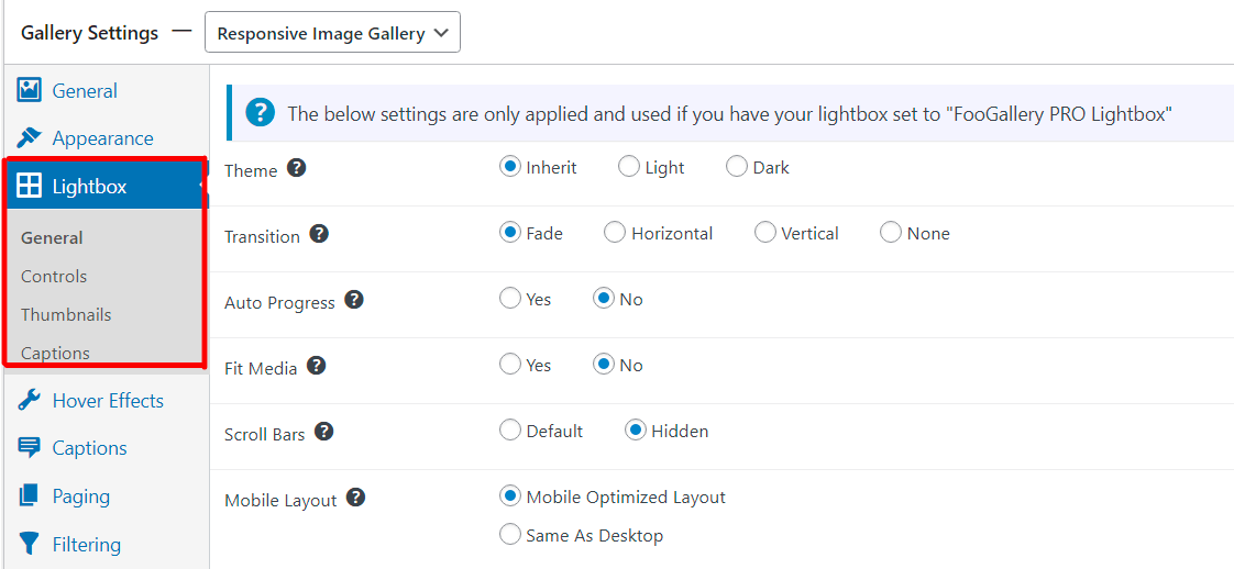 General settings for FooGallery PRO Lightbox