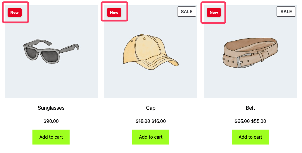 Custom WooCommerce badges styled with CSS