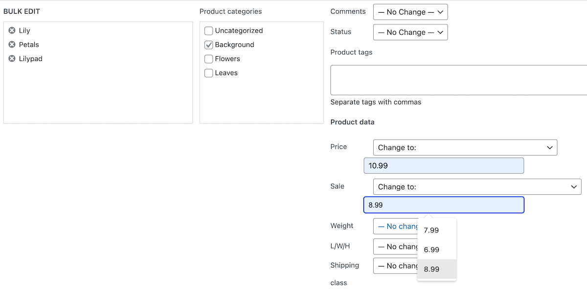 Bulk edit sale price by amount or percentage.