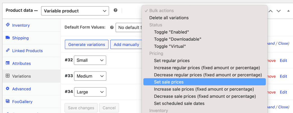 Set sale prices for variable products