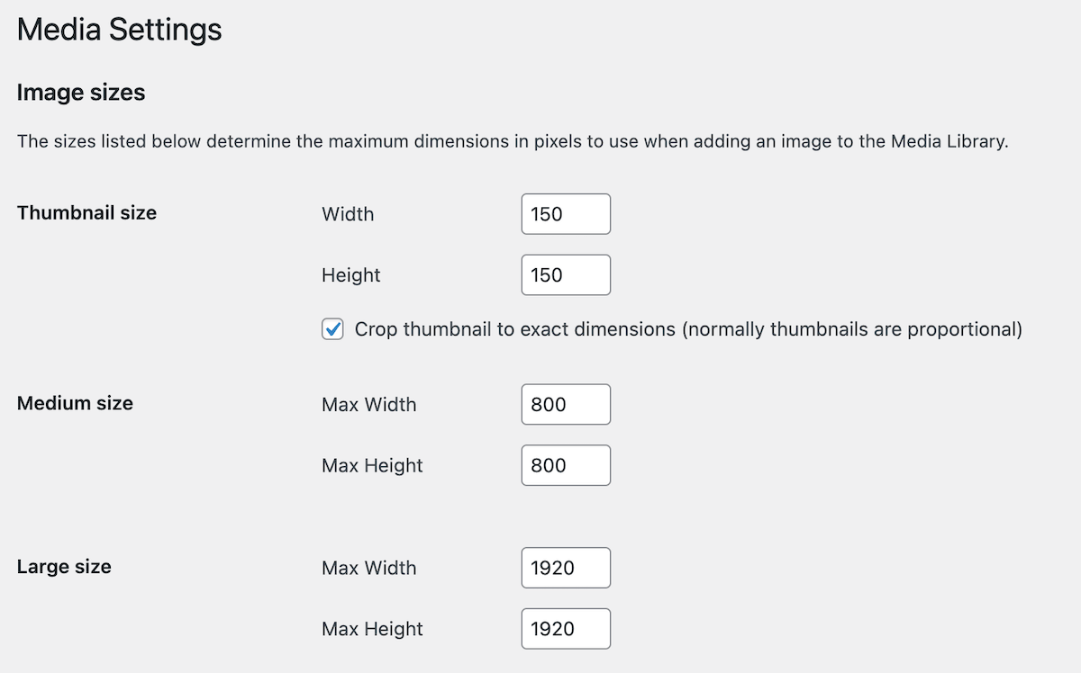 Override default image sizes in WordPress Media settings