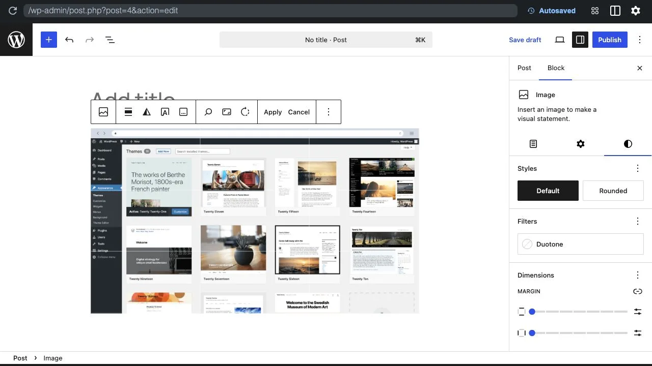 WordPress Image block crop toolbar in the block editor
