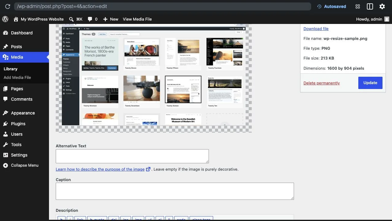 WordPress Media Library image editor showing an uploaded image and attachment details