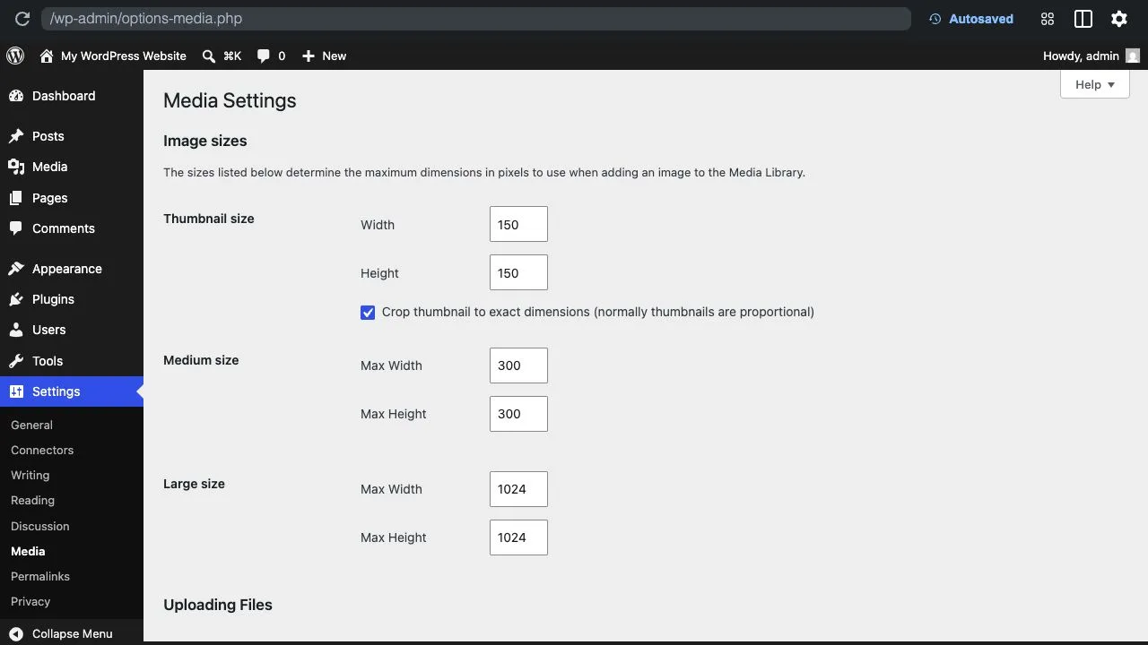 WordPress Media Settings screen showing default thumbnail, medium, and large image sizes