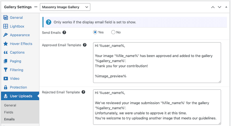 User Uploads email confirmation for approved or rejected images