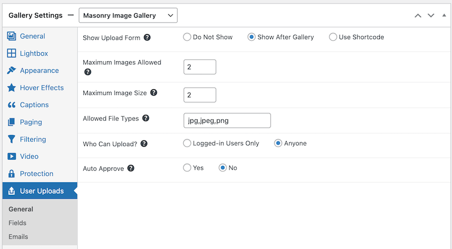 User Uploads general settings and permissions