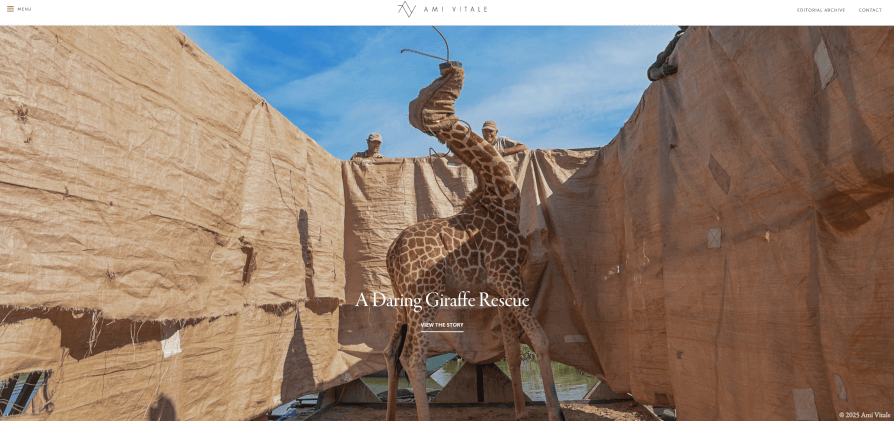 Ami Vitale wild life photographer website homepage showing a giraffe rescue