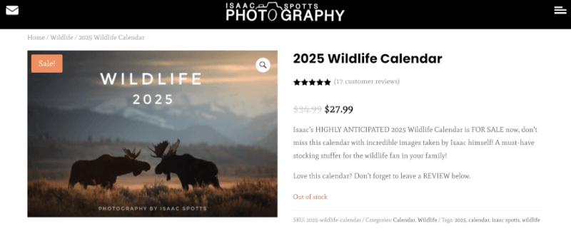 Isaac Spotts Wildlife photography calendar selling page