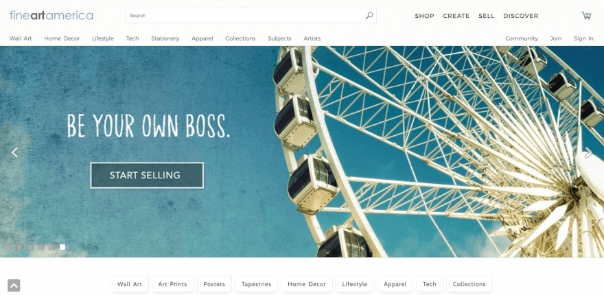 Fine Art America homepage proposing to start selling your pictures