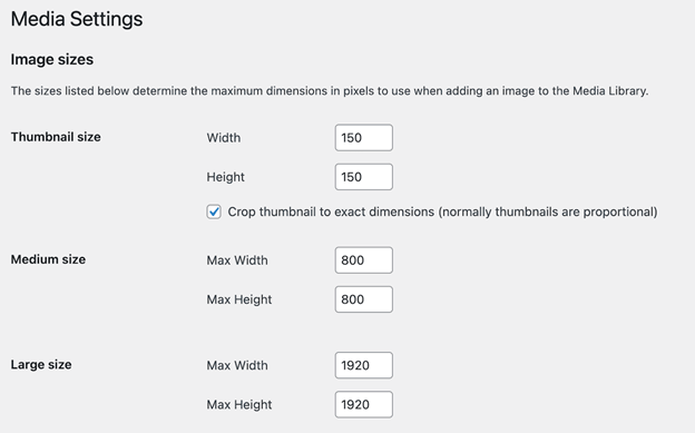 Override default image sizes in WordPress Media settings