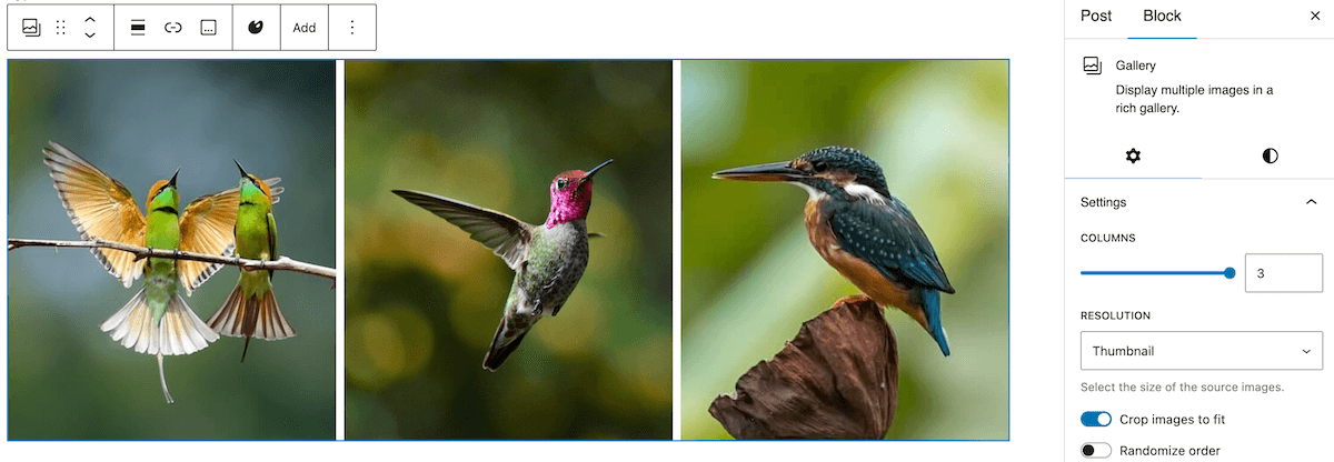 3 images in a row in the block editor