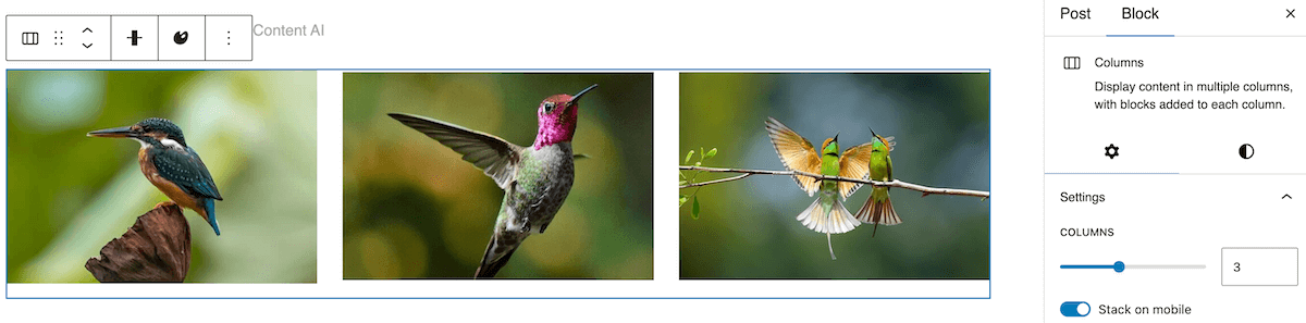 3 images in a row using columns