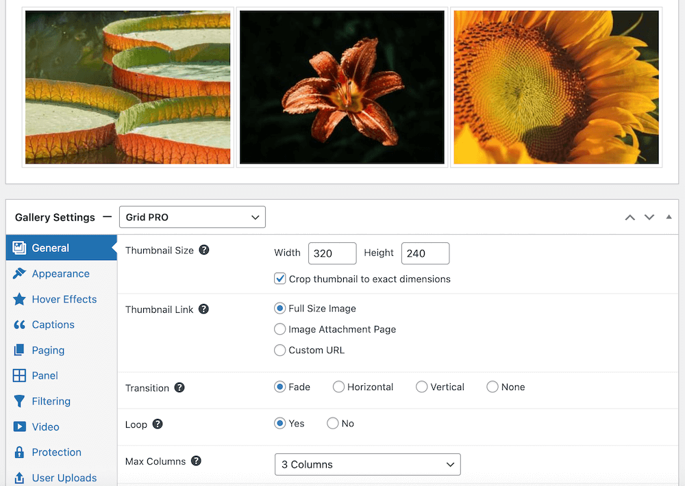 Settings to create 3 images in a row with FooGallery.