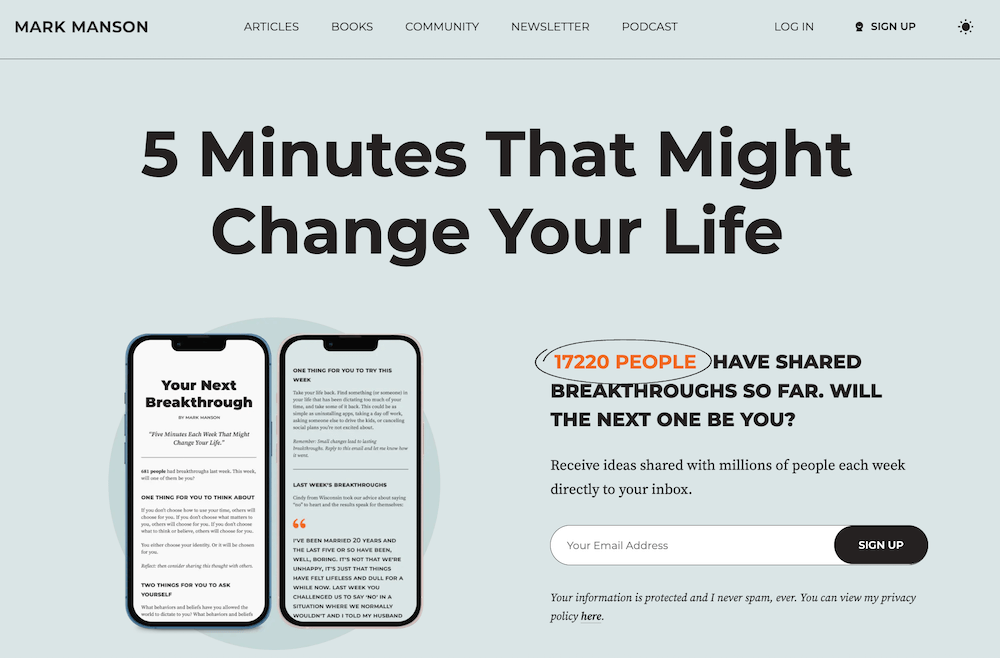 Mark Manson personal brand landing page