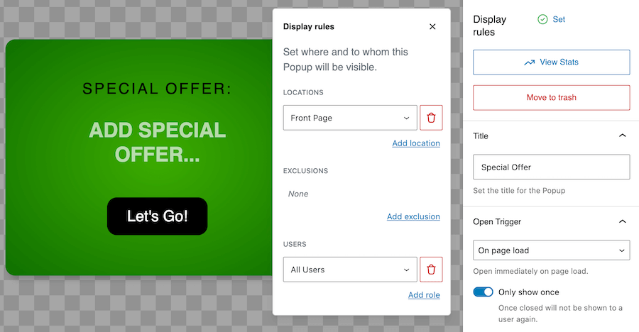 Display rules for special offer splash page popup