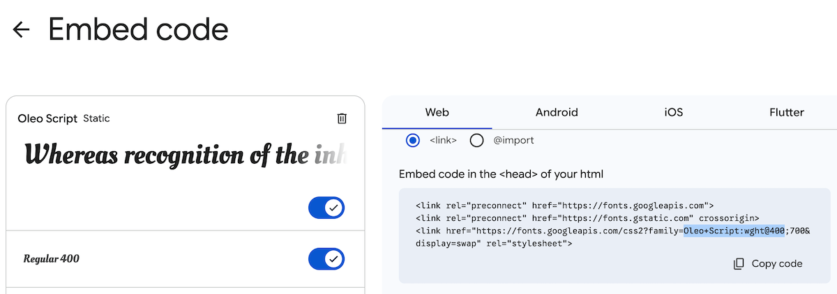 Embed code for Google Font
