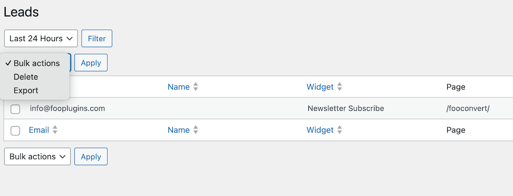 Leads table in FooConvert for sign ups