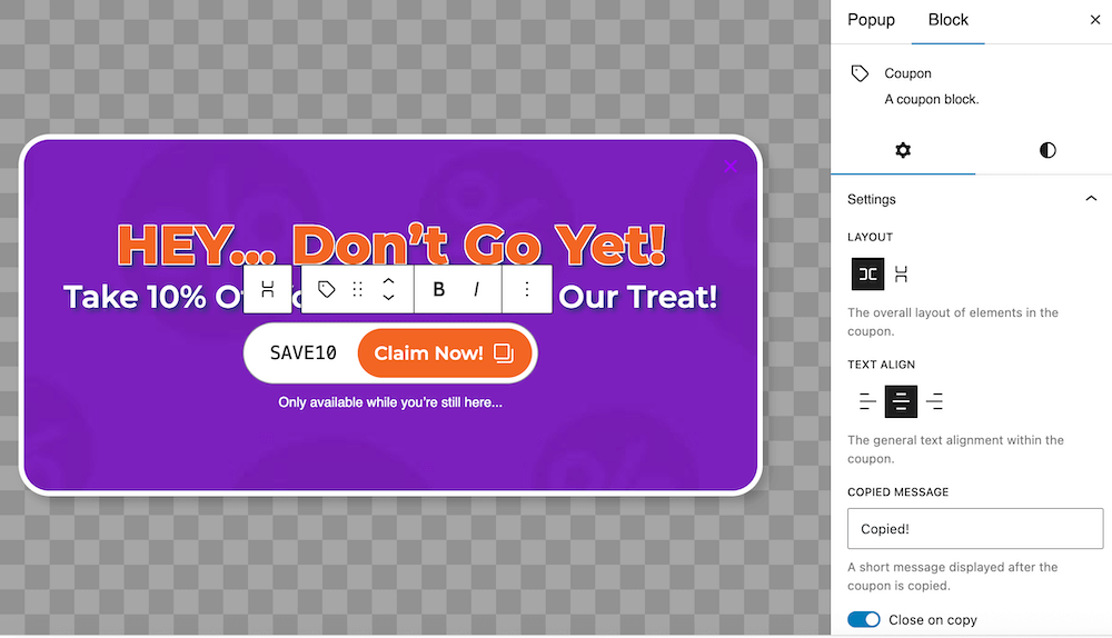 Settings for the coupon code block in FooConvert's Smart Exit Offer template