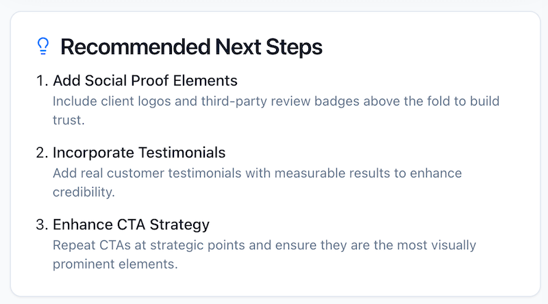 PageSpike’s Recommended Next Steps to follow to increase conversions