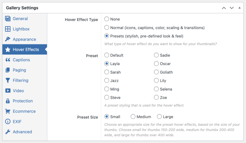 FooGallery hover preset preview