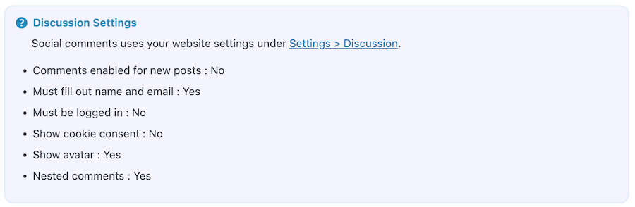 Settings for comments inherit from WordPress discussion settings