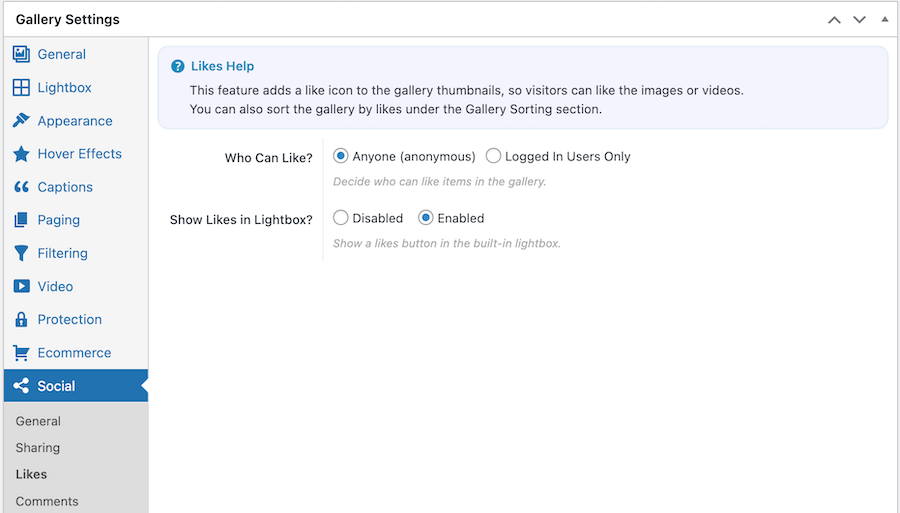 Settings for Likes in FooGallery Social