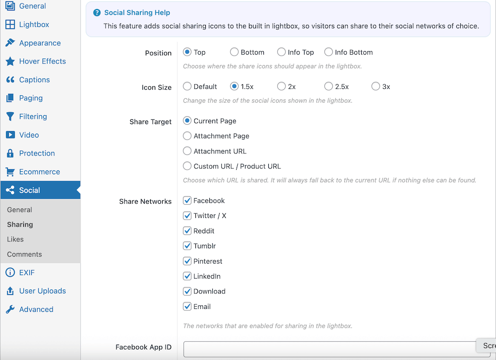 Social sharing settings in FooGallery