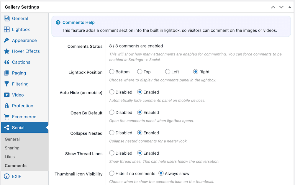 Settings for Comments in FooGallery Social