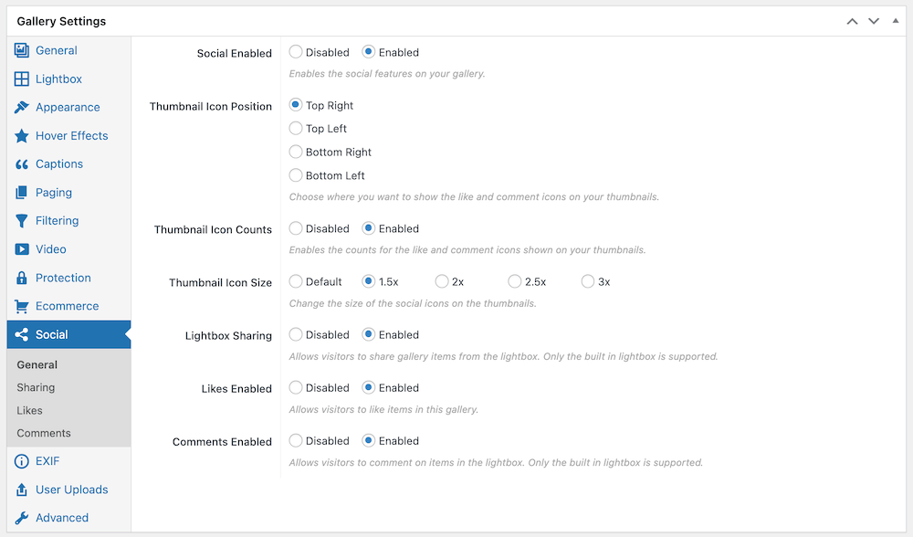 FooGallery Social settings enabled in gallery