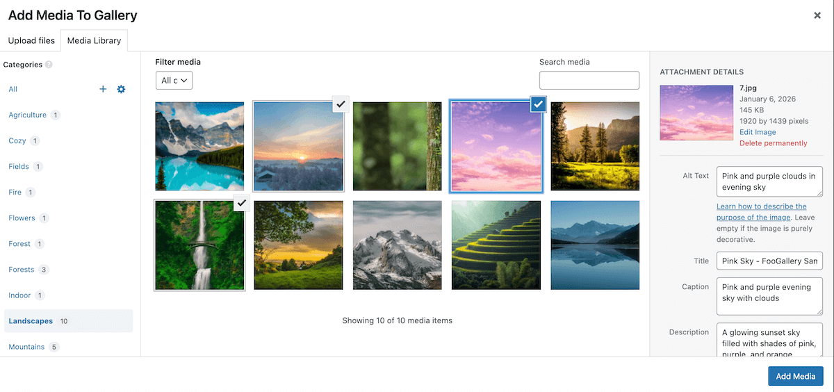 Media Categoryy folders - visible when adding images to gallery or post