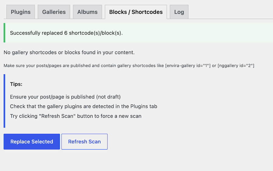 FooGallery Migrate shortcode and blocks successfully replaced
