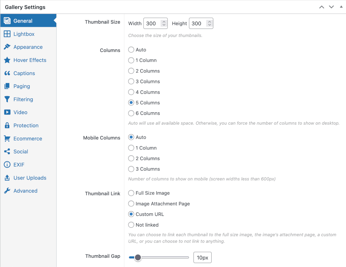 Backend configuration for a responsive gallery