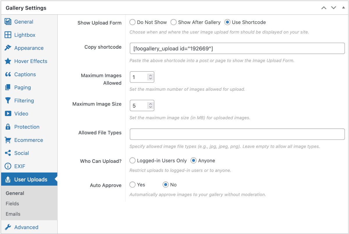 These are the general settings for the user uploads add-on for creating a partners gallery