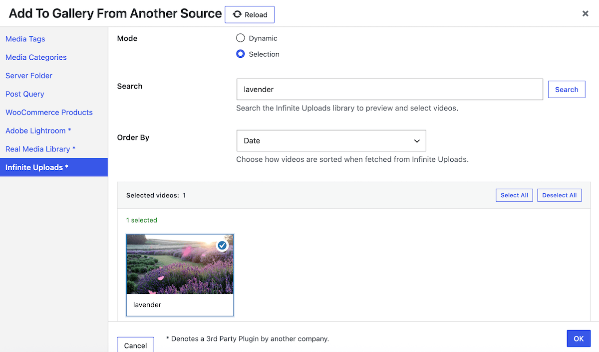 Selection mode for dynamic video gallery using Infinite Uploads