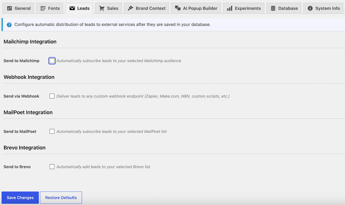 Integrations with mailing list services in FooConvert PRO