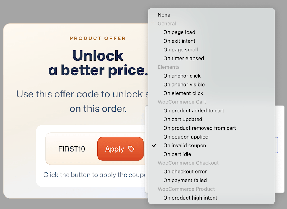 Triggers available in FooConvert including WooCommerce action triggers
