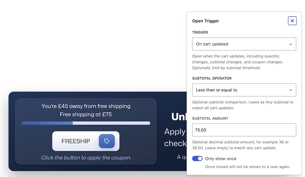Free shipping trigger with threshold amount and percentage