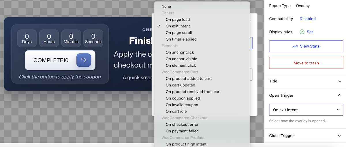 WooCommerce triggers available in FooConvert PRO