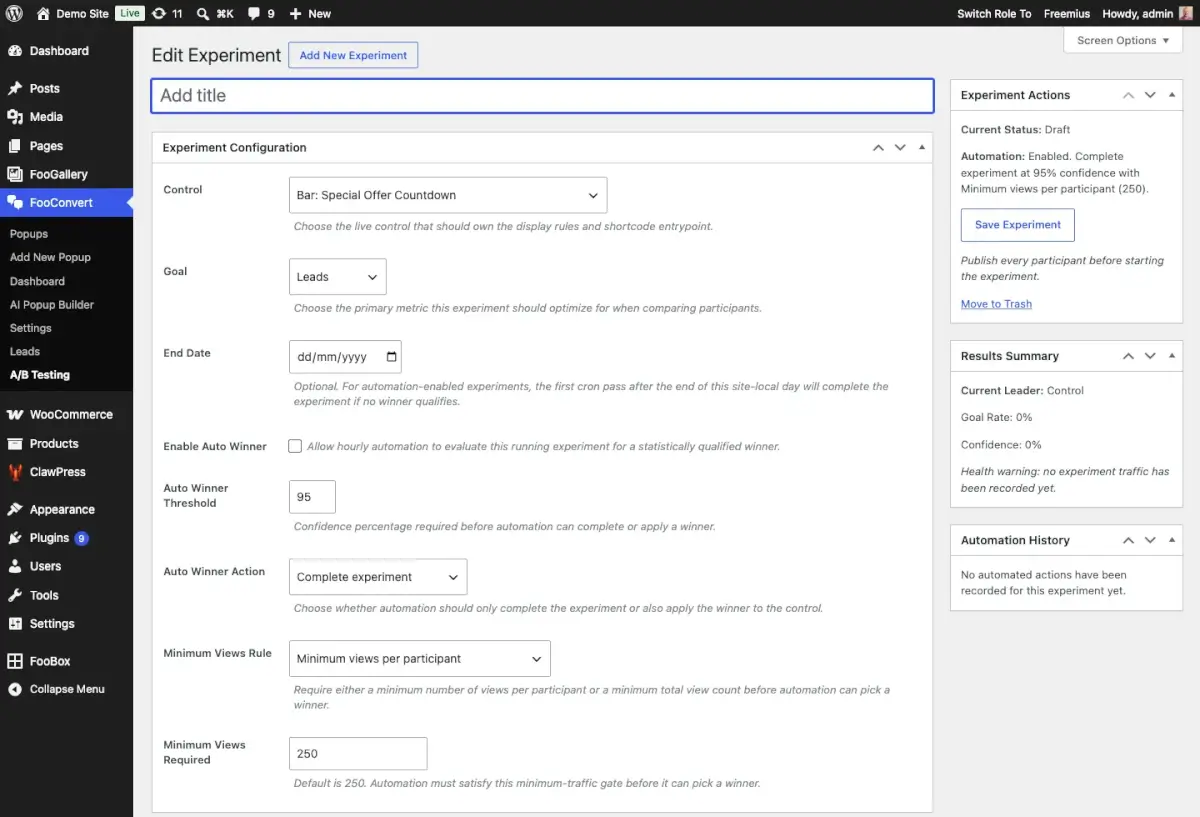 The experiment editor manages control popups, variants, goals, confidence, and auto-winner rules.