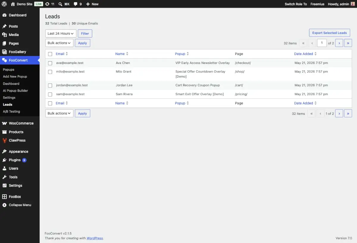 Leads list in FooConvert showing captured emails