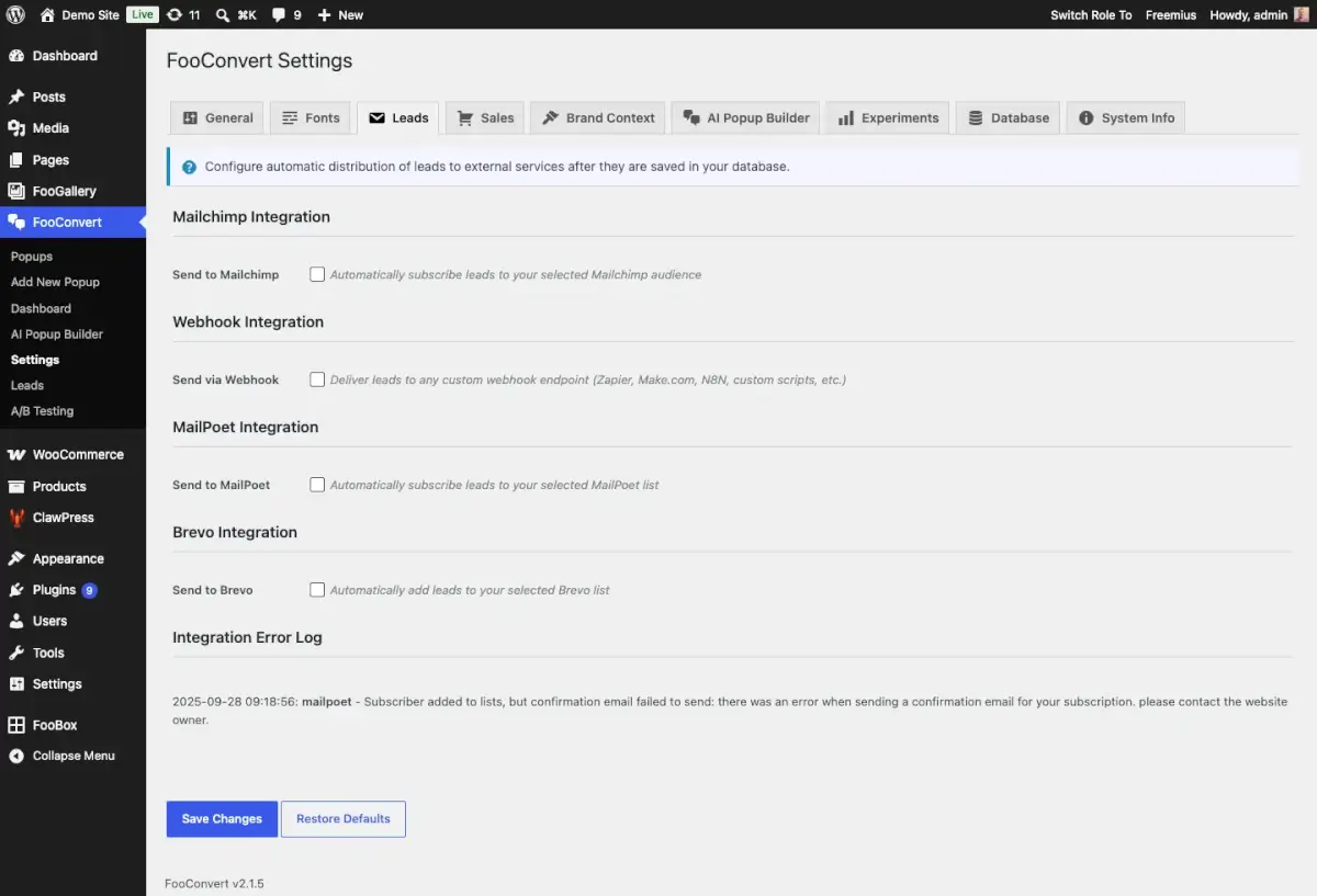 Email platforms available for lead integration in FooConvert Pro