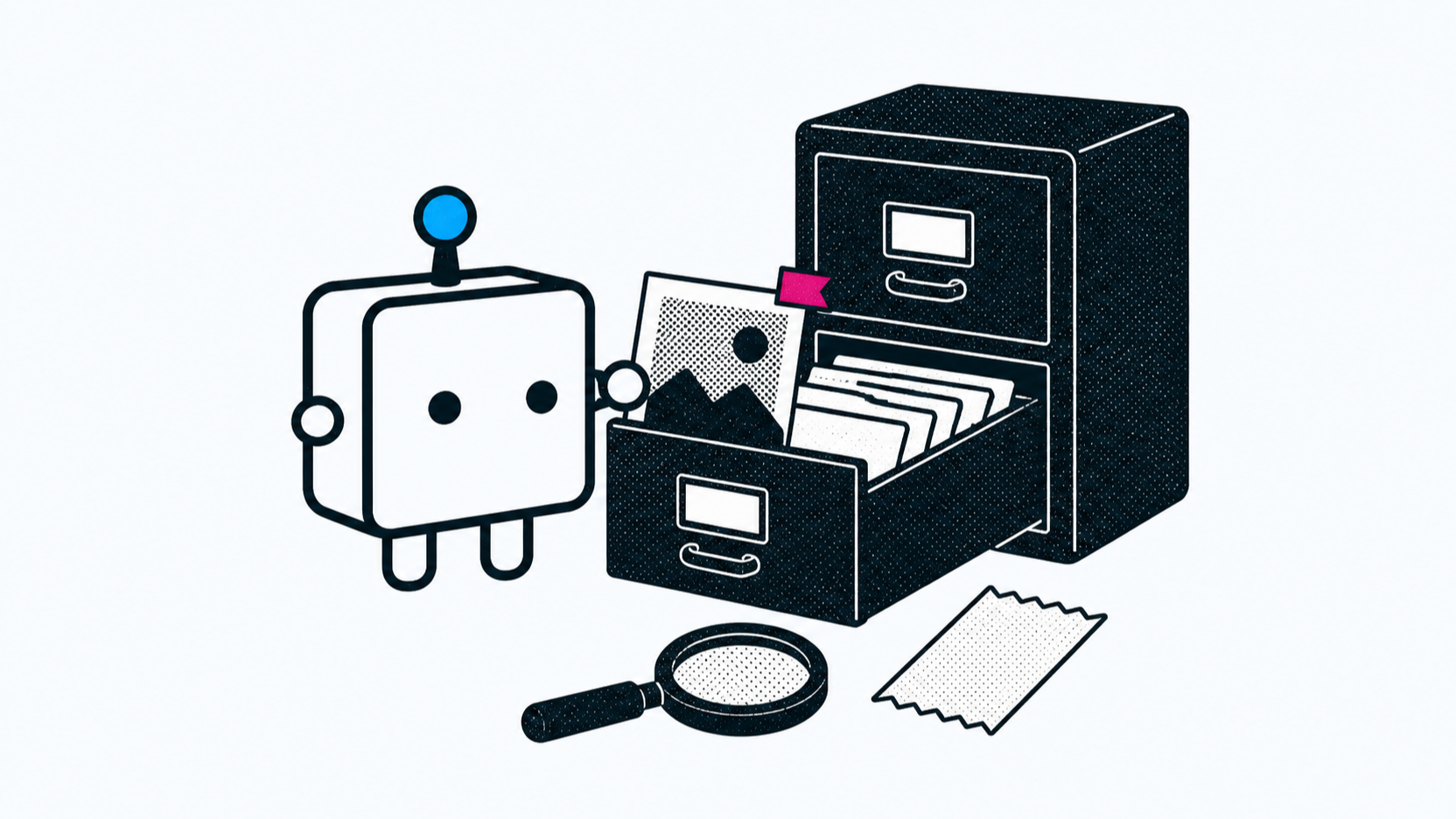 Foobot filing a photo into a records cabinet with a watermark flag and evidence props nearby.