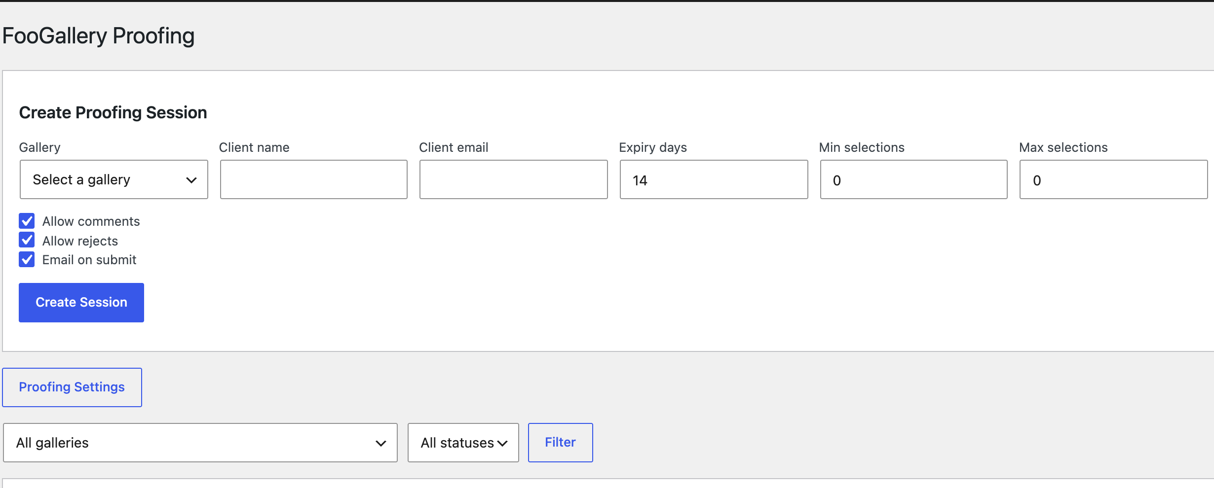 FooGallery Proofing dashboard with client sessions